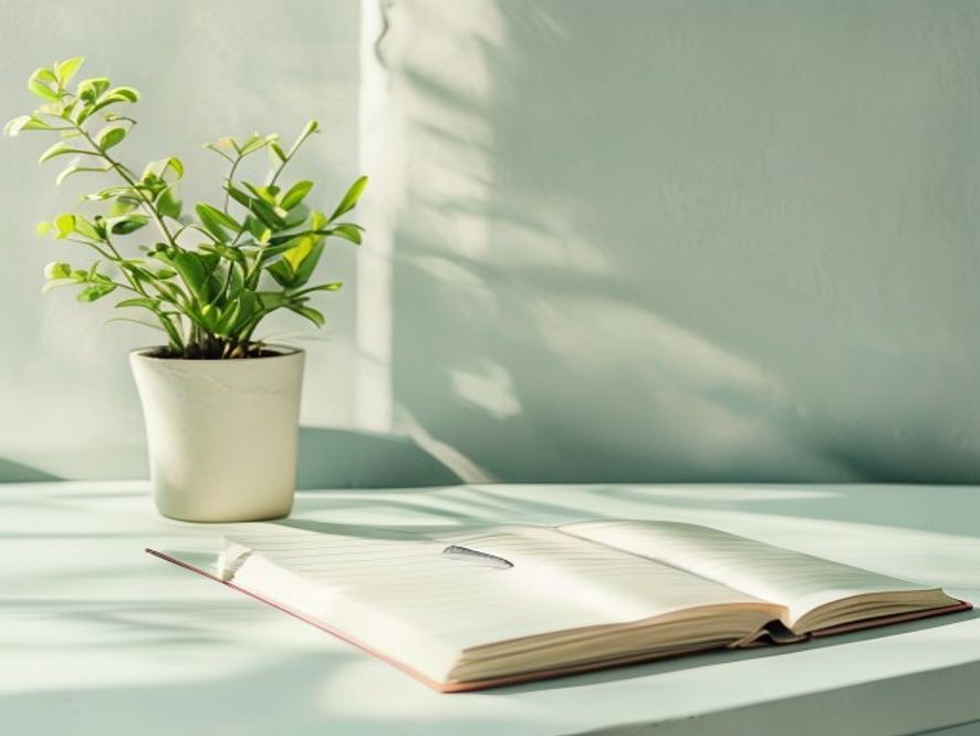 Rolig arbeidsområde med notatbok og plante ved solig vindu