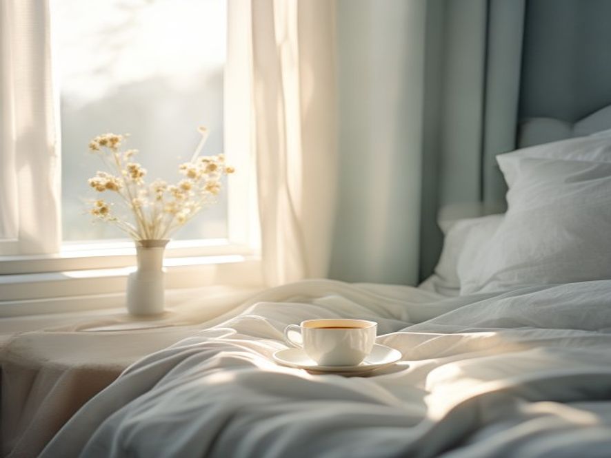 Lyst morgenrom med sollys gjennom vindu og kaffe på nattbord